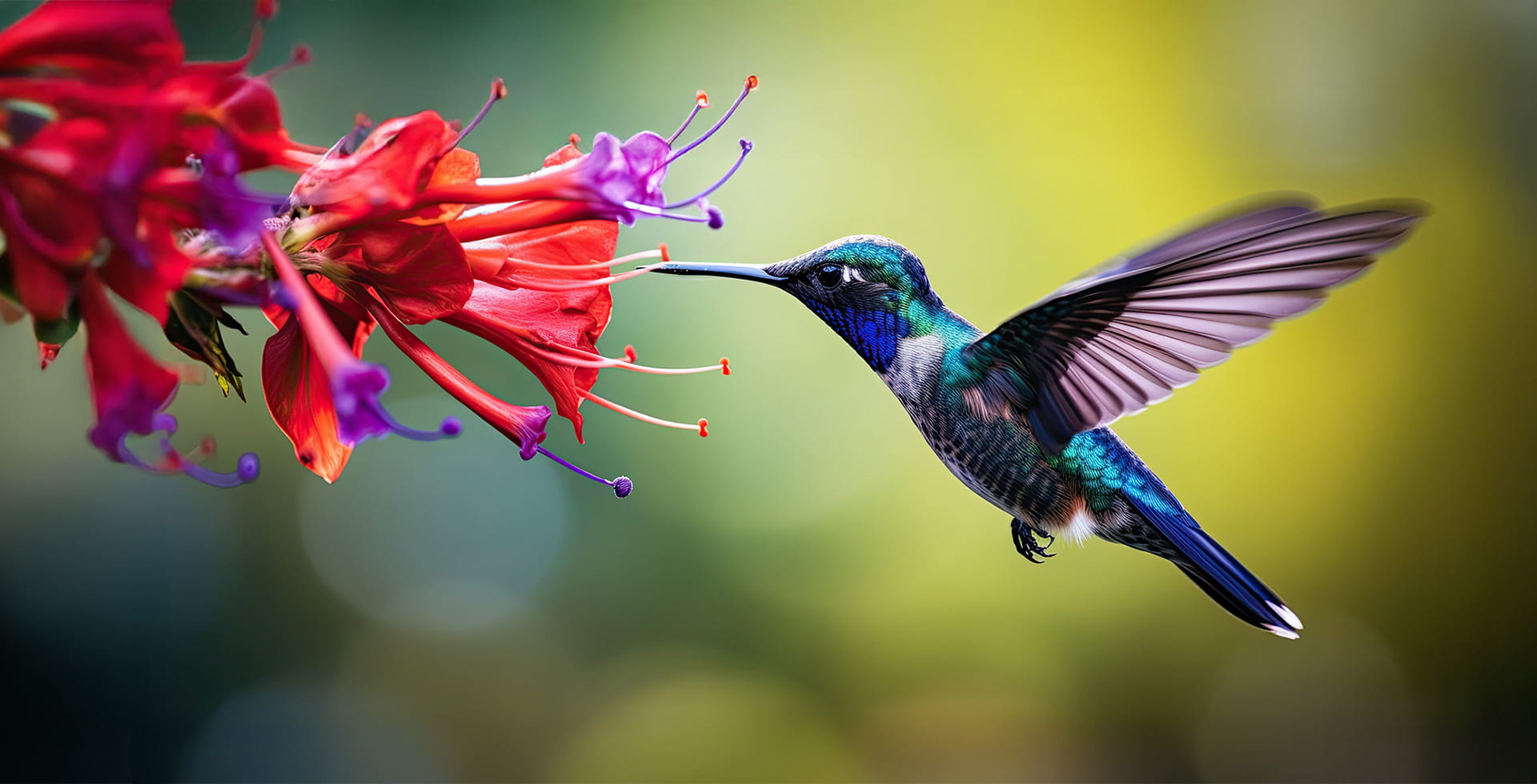 Blue and green hummingbird feeding from a red flower.