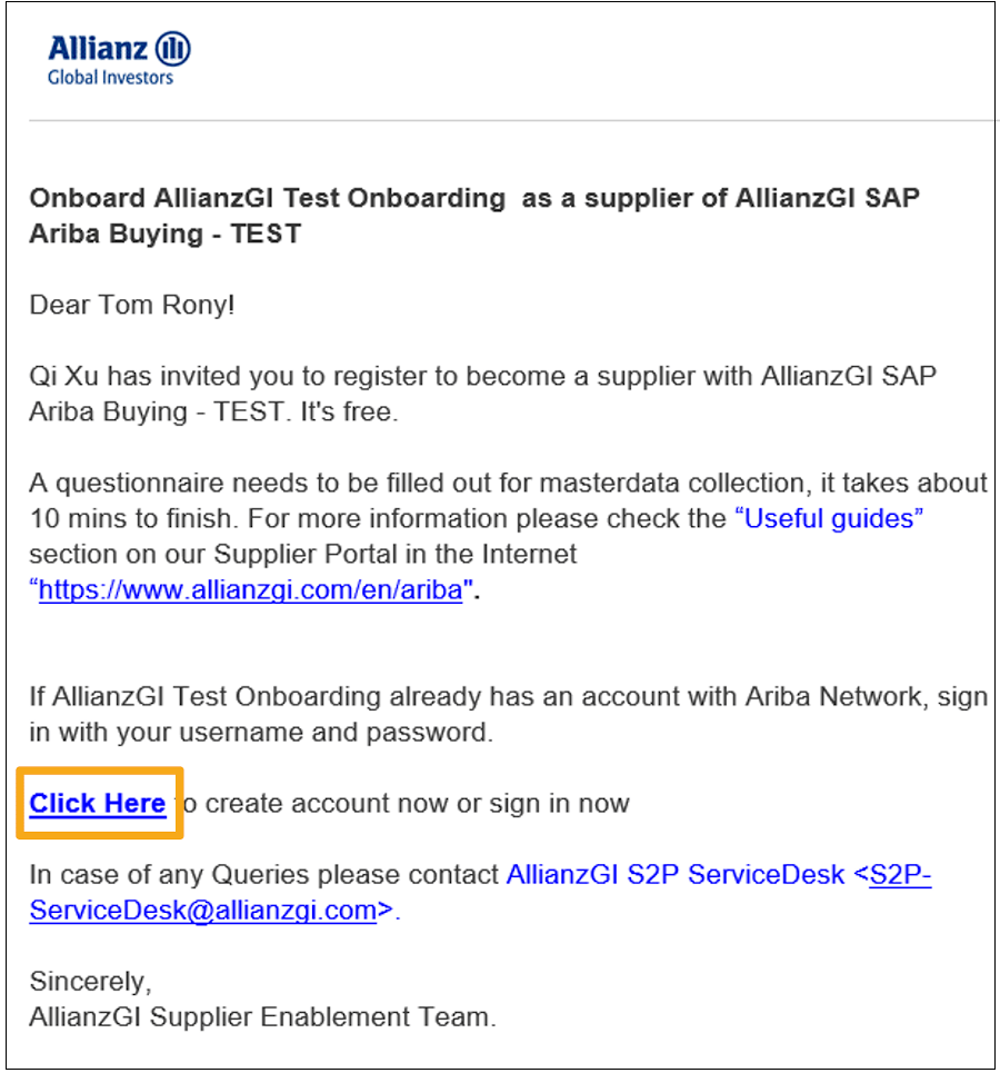 Onboard AllianzGi Test Onboarding as a supplier of AllianzGI SAP Ariba Buying - TEST