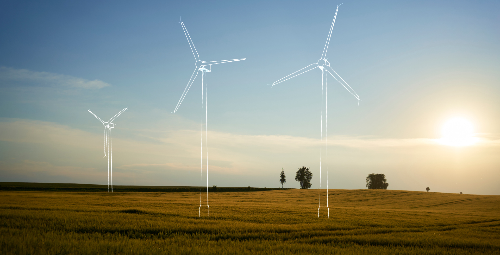 On-shore wind turbines in a field - Switching the energy transition to sustainable gears