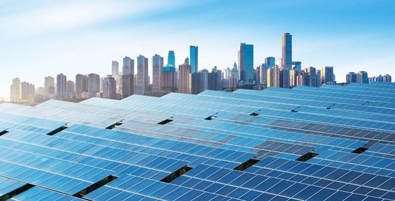 image of photovoltaic and modern city skyline