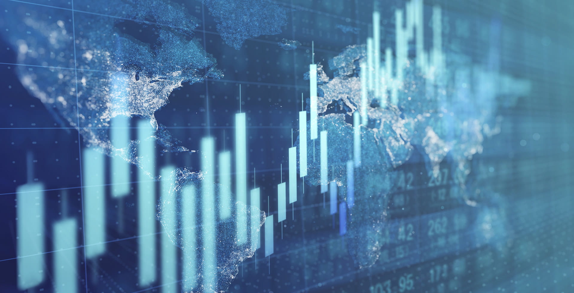 Close up of stock market chart on a glowing particle world map and trading board.