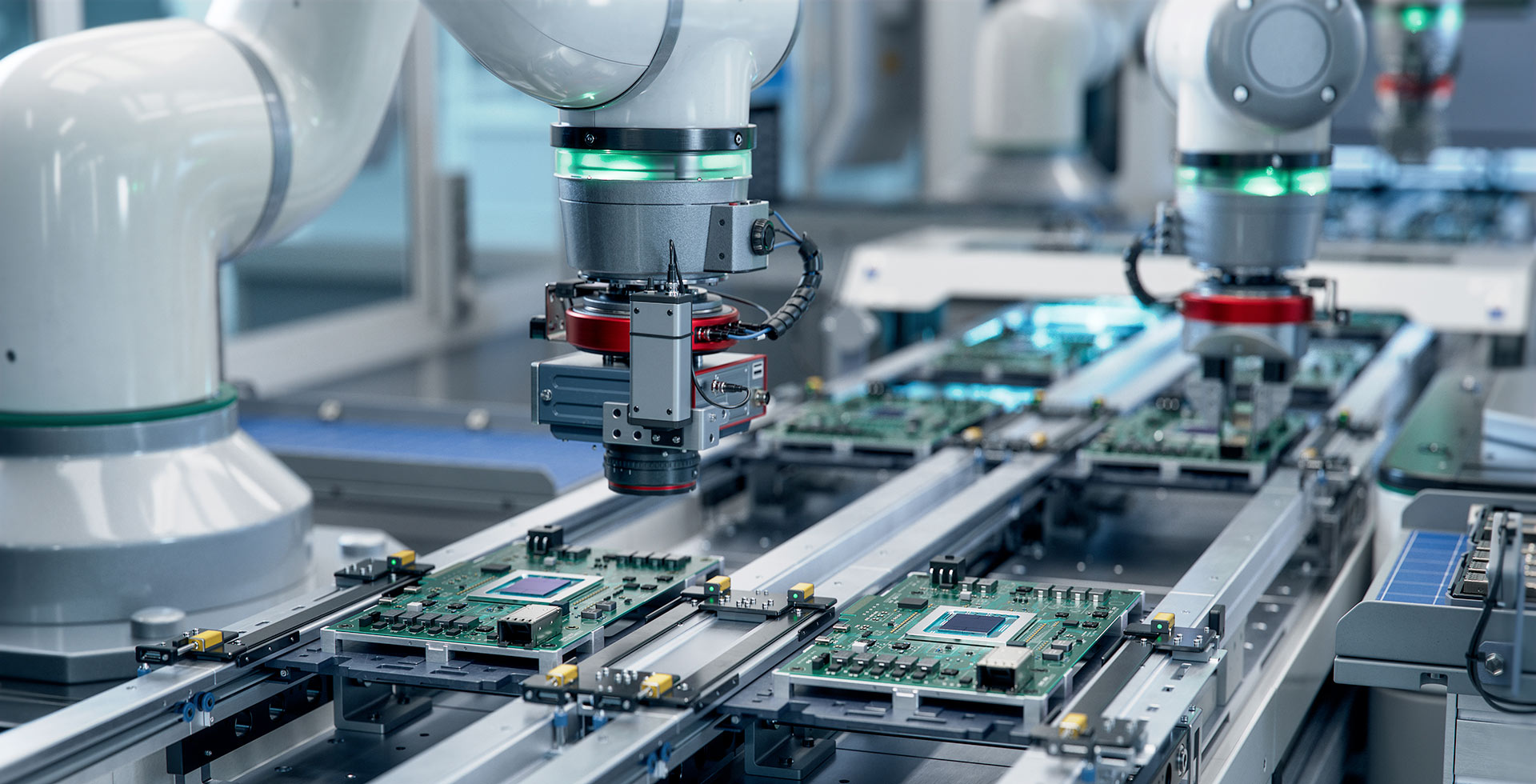 image of a Component Installation and Quality Control of Circuit Board. Fully Automated PCB Assembly Line Equipped with High Precision Robot Arms at Electronics Factory. Electronic Devices Manufacturing Industry.