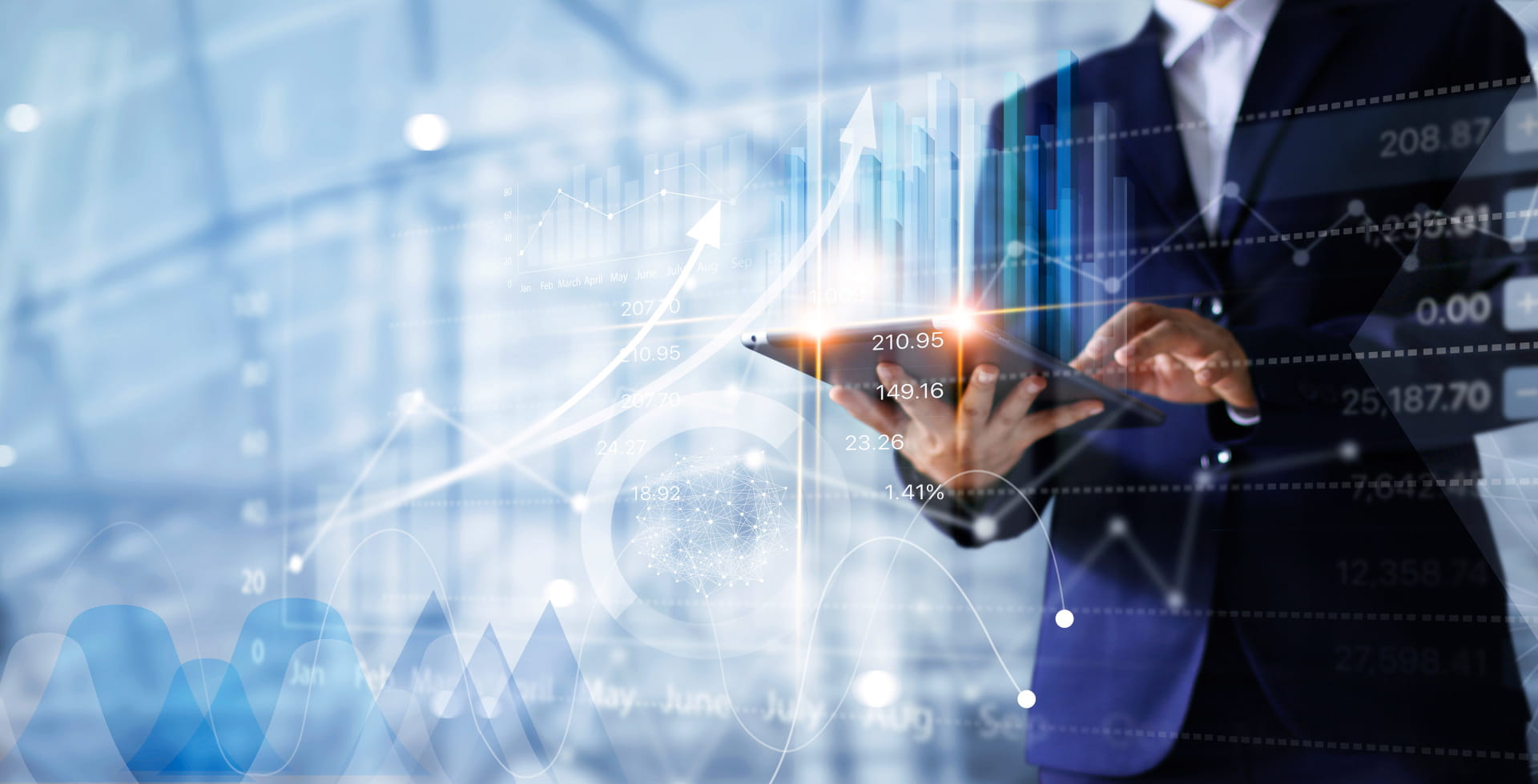 Businessman controls data with tablet