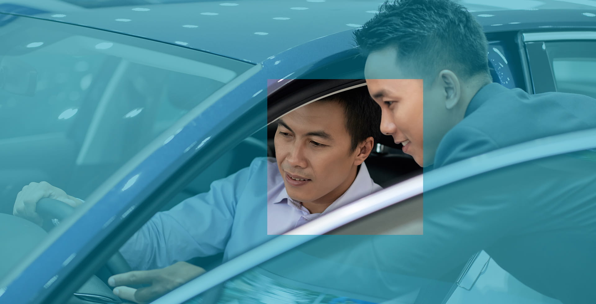 Chinese salesman and customer inspect a new car